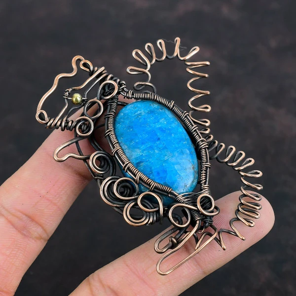 Neon Apatite Oval Blue Handmade Copper Wire Wrapped Pendant