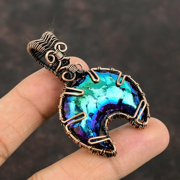 Titanium Druzy Crescent Purple Handmade Copper Wire Wrapped Pendant