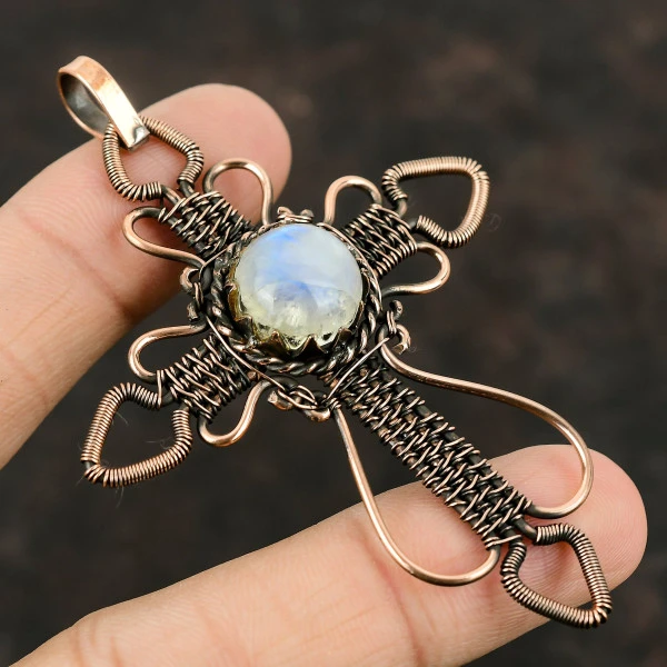 Rainbow Moonstone Round White Handmade Copper Wire Wrapped Pendant