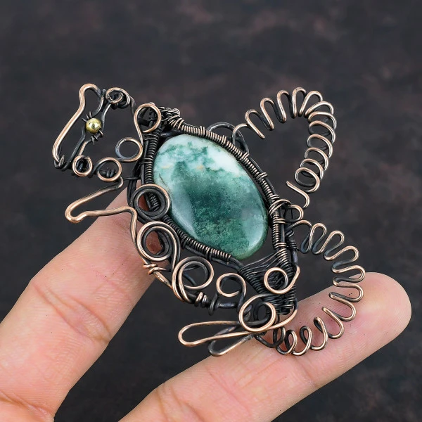 Tree Agate Oval Green Handmade Copper Wire Wrapped Pendant