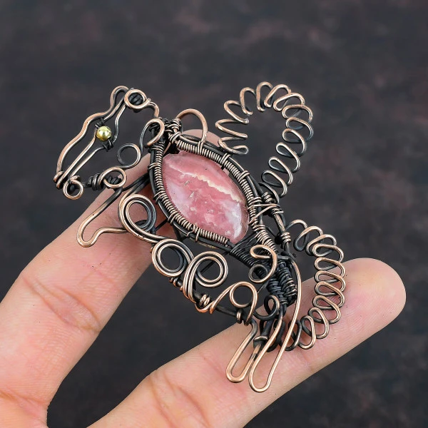 Rhodochrosite Oval Pink Handmade Copper Wire Wrapped Pendant