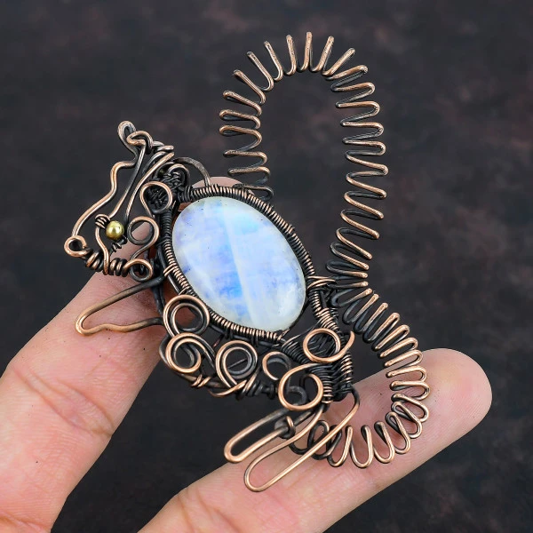 Rainbow Moonstone Oval White Handmade Copper Wire Wrapped Pendant