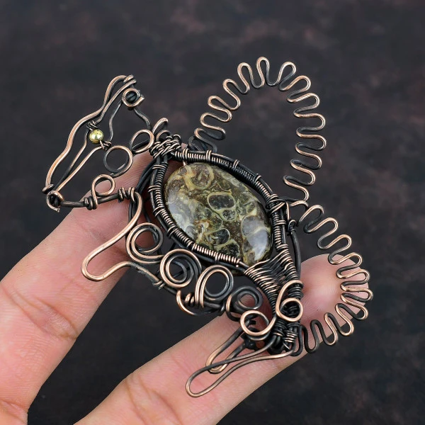 Turritella Agate Oval Brown Handmade Copper Wire Wrapped Pendant