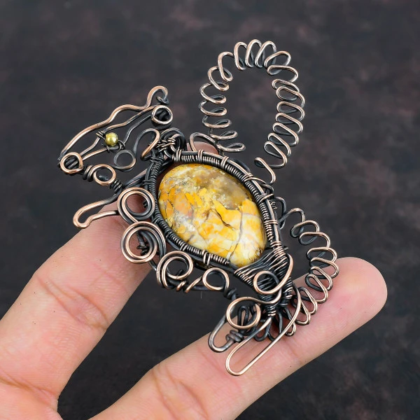 Brecciated Mookaite Oval Yellow Handmade Copper Wire Wrapped Pendant