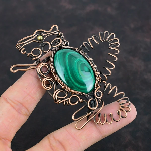 Malachite Oval Green Handmade Copper Wire Wrapped Pendant