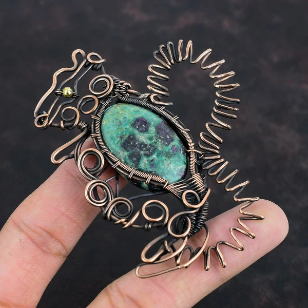 Ruby Fuchsite Oval Green Handmade Copper Wire Wrapped Pendant