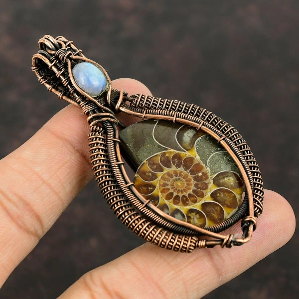 Ammonite Fossil Pear Brown Handmade Copper Wire Wrapped Pendant