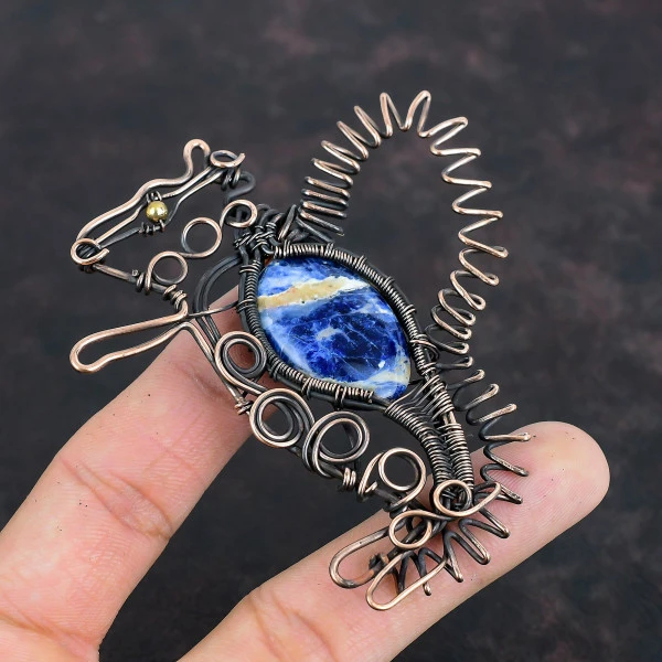 Sodalite Oval Blue Handmade Copper Wire Wrapped Pendant