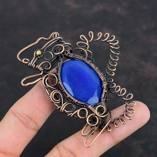 Blue Sapphire Oval Blue Handmade Copper Wire Wrapped Pendant
