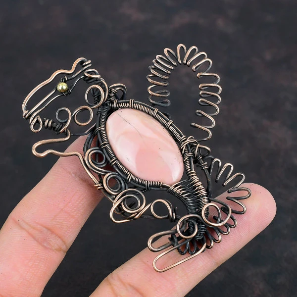 Pink Opal Oval Pink Handmade Copper Wire Wrapped Pendant