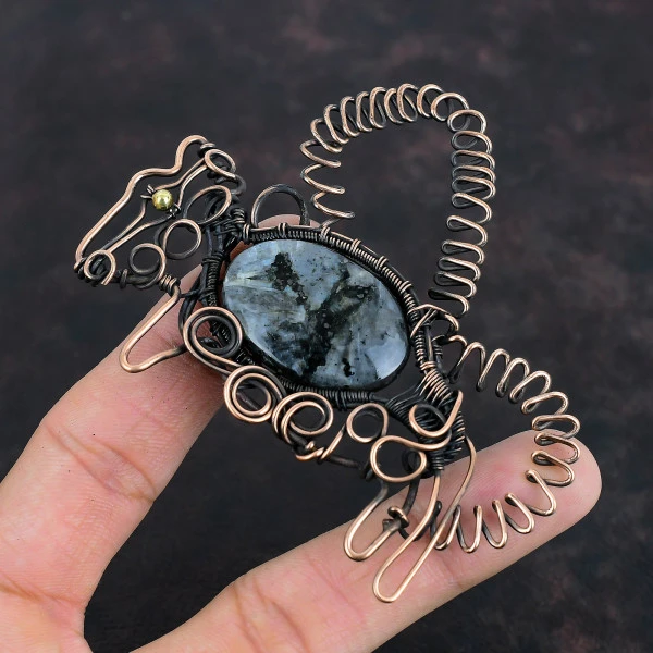 Larvikite Oval Black Handmade Copper Wire Wrapped Pendant