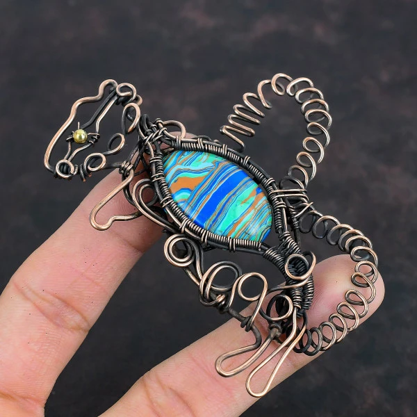 Rainbow Calsilica Oval Blue Handmade Copper Wire Wrapped Pendant