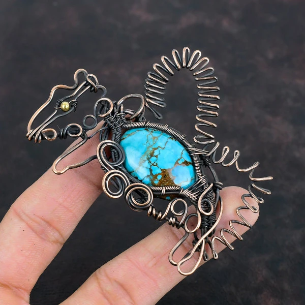 Tibetan Turquoise Oval Blue Handmade Copper Wire Wrapped Pendant