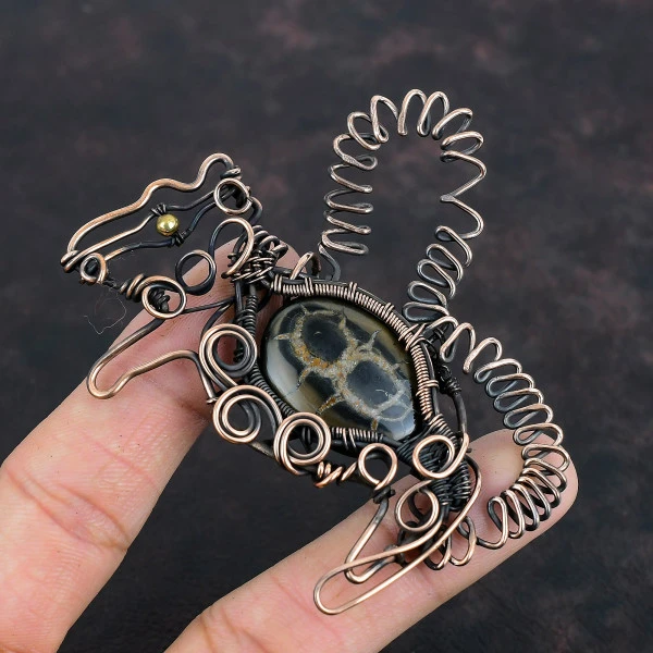 Moroccan Mud Crack Fossil Oval Black Handmade Copper Wire Wrapped Pendant