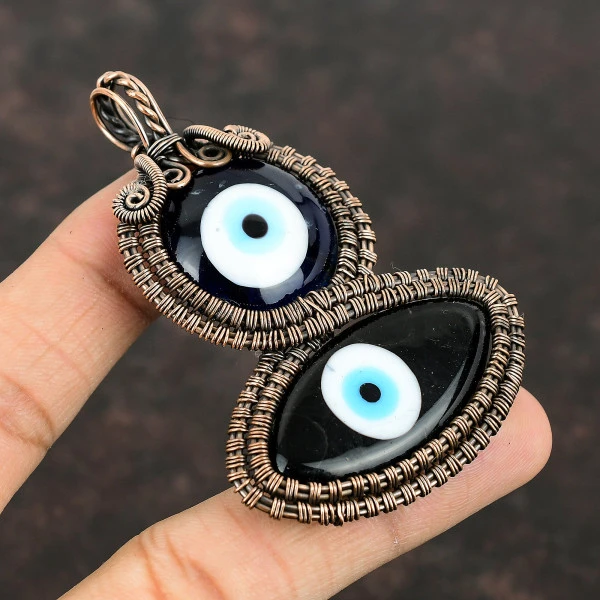 Black Color Evil Eye Marquise Black Handmade Copper Wire Wrapped Pendant