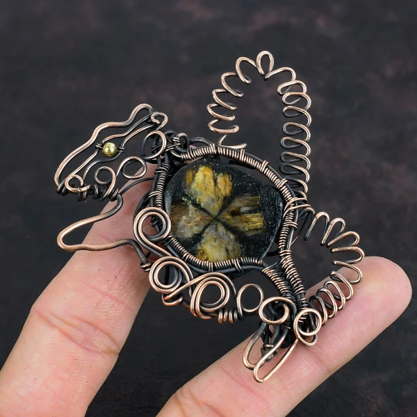 Chiastolite Pentagon Brown Handmade Copper Wire Wrapped Pendant