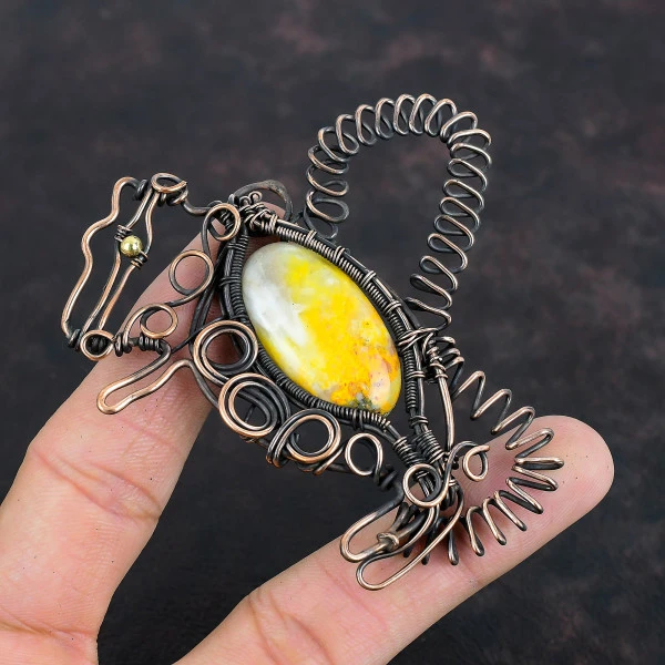 Bumble Bee Jasper Oval Yellow Handmade Copper Wire Wrapped Pendant