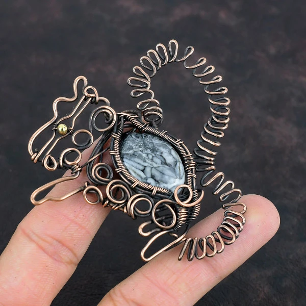 Pinolith Jasper Oval Gray Handmade Copper Wire Wrapped Pendant