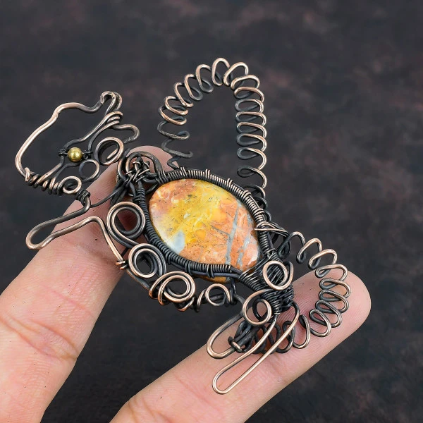 Maligano Jasper Oval Yellow Handmade Copper Wire Wrapped Pendant