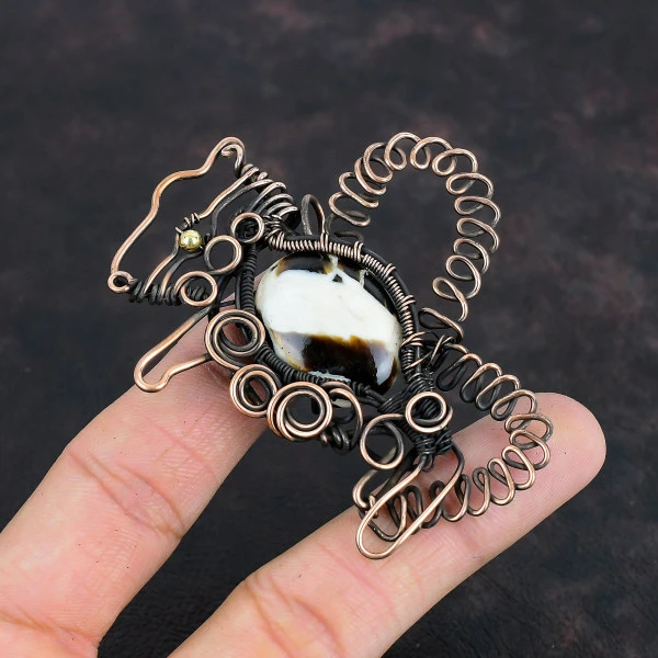 Peanut Wood Jasper Oval Brown Handmade Copper Wire Wrapped Pendant