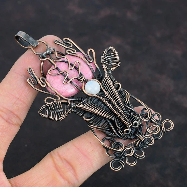 Thulite Oval Pink Handmade Copper Wire Wrapped Pendant