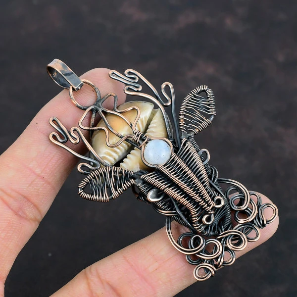 Cowrie Shell Pear White Handmade Copper Wire Wrapped Pendant