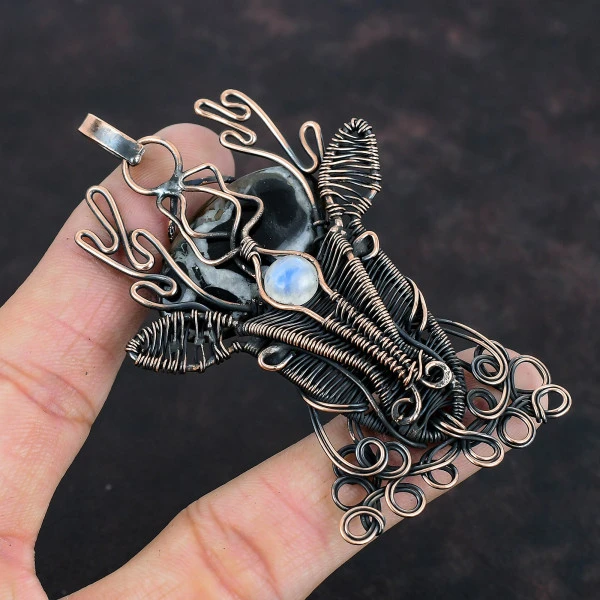 Moroccan Mud Crack Fossil Oval Black Handmade Copper Wire Wrapped Pendant