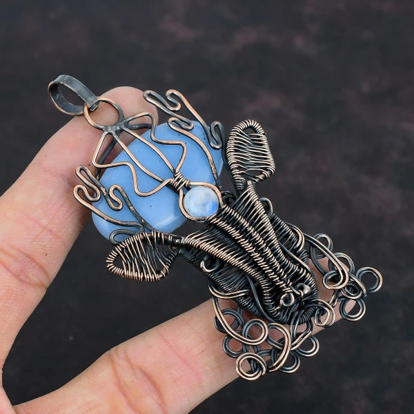 Angelite Oval Blue Handmade Copper Wire Wrapped Pendant