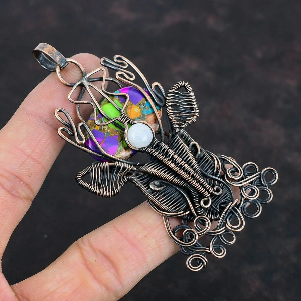 Fiesta Kingman Turquoise Oval Purple Handmade Copper Wire Wrapped Pendant