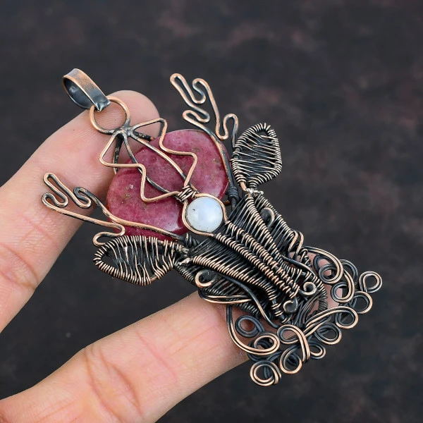 Rhodonite Oval Pink Handmade Copper Wire Wrapped Pendant