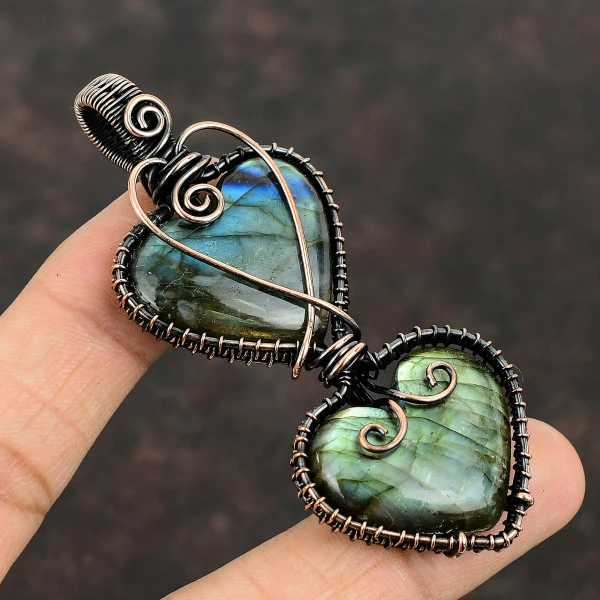 Labradorite Heart Gray Handmade Copper Wire Wrapped Pendant