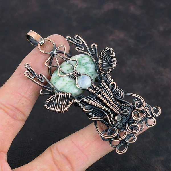 Tree Agate Oval White Handmade Copper Wire Wrapped Pendant