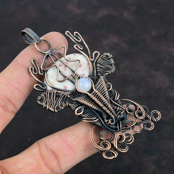 Cinnabar Oval White Handmade Copper Wire Wrapped Pendant