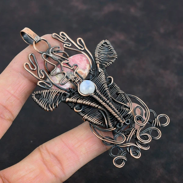 Rhodochrosite Oval Pink Handmade Copper Wire Wrapped Pendant