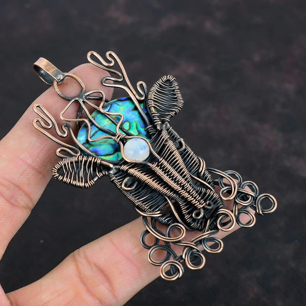 Abalone Shell Oval Green Handmade Copper Wire Wrapped Pendant