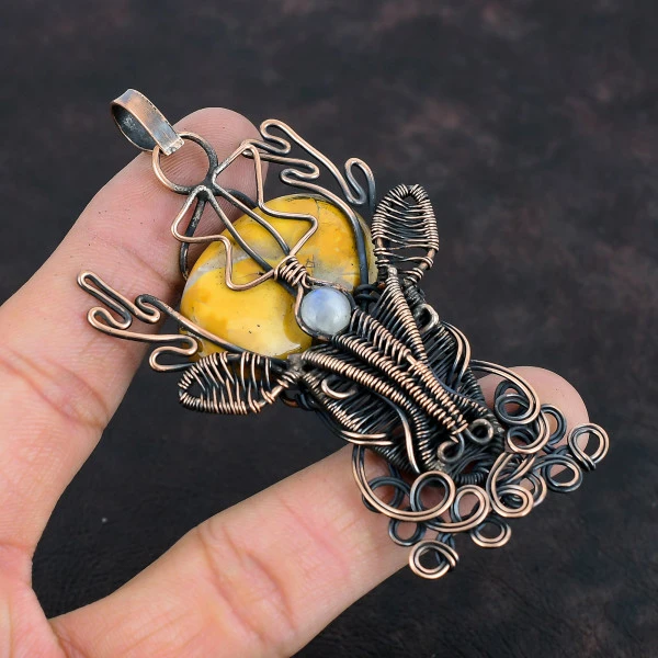 Maligano Jasper Oval Yellow Handmade Copper Wire Wrapped Pendant