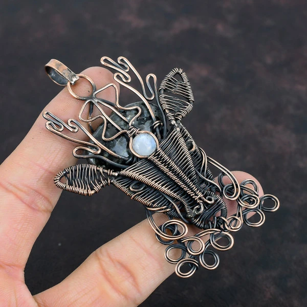 Larvikite Oval Black Handmade Copper Wire Wrapped Pendant