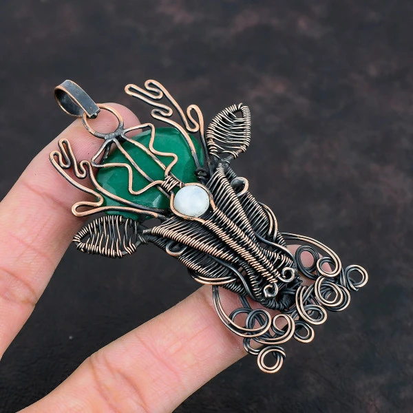 Zambian Emerald Oval Green Handmade Copper Wire Wrapped Pendant
