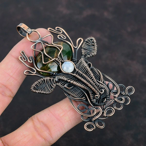 Australian Chrome Chalcedony Oval Green Handmade Copper Wire Wrapped Pendant