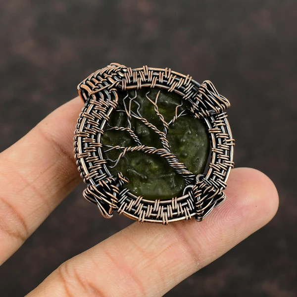 Moldavite Round Green Handmade Copper Wire Wrapped Pendant