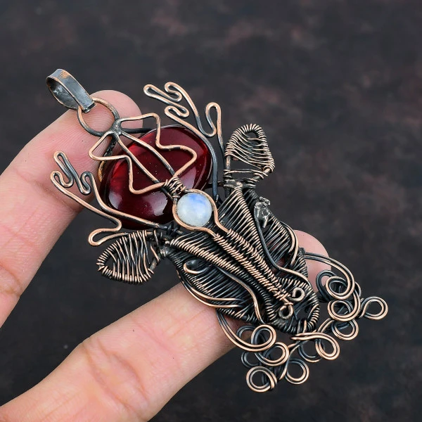 Red Fire Labradorite Oval Red Handmade Copper Wire Wrapped Pendant