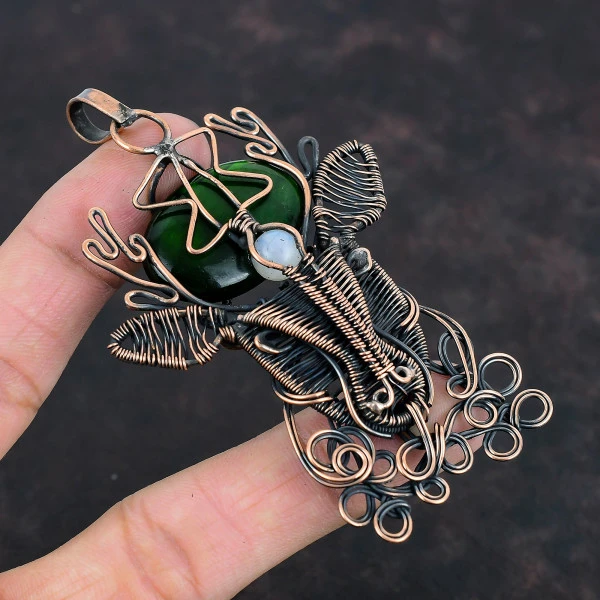 Green Fire Labradorite Oval Green Handmade Copper Wire Wrapped Pendant