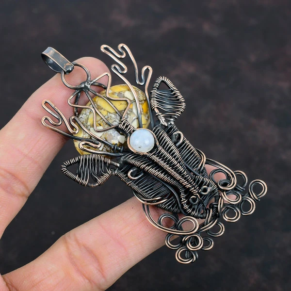 Brecciated Mookaite Oval Yellow Handmade Copper Wire Wrapped Pendant