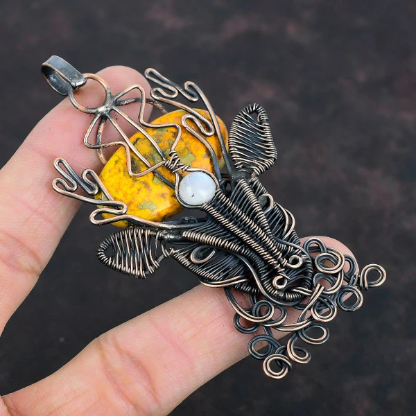 Bumble Bee Jasper Oval Yellow Handmade Copper Wire Wrapped Pendant