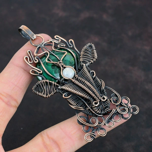 Malachite Oval Green Handmade Copper Wire Wrapped Pendant