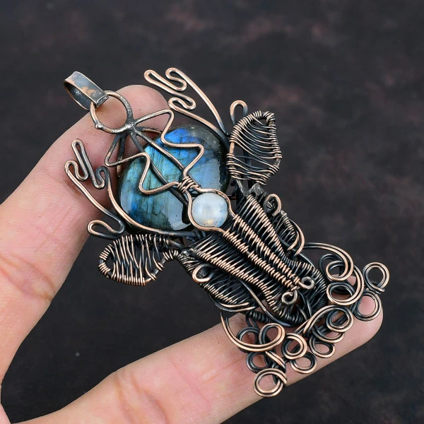 Labradorite Oval Gray Handmade Copper Wire Wrapped Pendant
