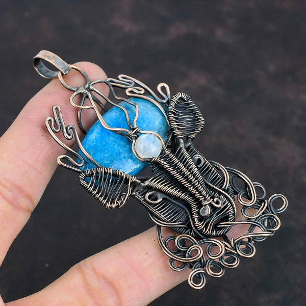 Neon Apatite Oval Blue Handmade Copper Wire Wrapped Pendant