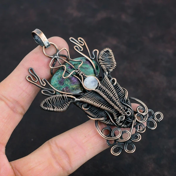 Ruby Fuchsite Oval Green Handmade Copper Wire Wrapped Pendant