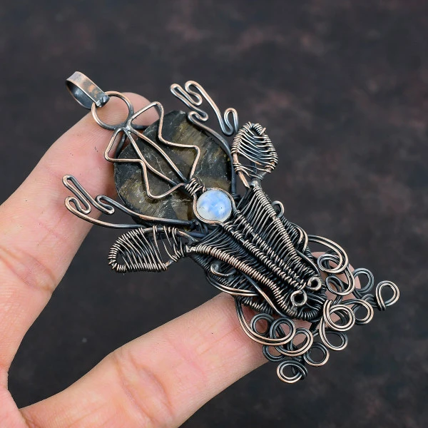 Chiastolite Pentagon Brown Handmade Copper Wire Wrapped Pendant
