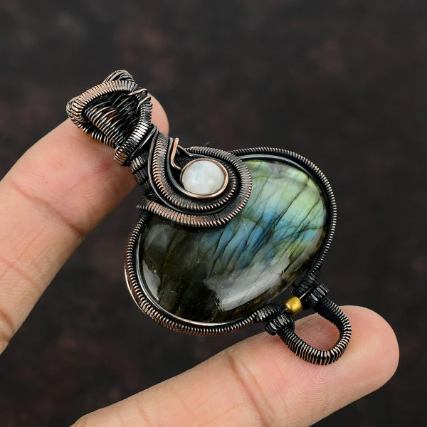 Labradorite Oval Green Handmade Copper Wire Wrapped Pendant